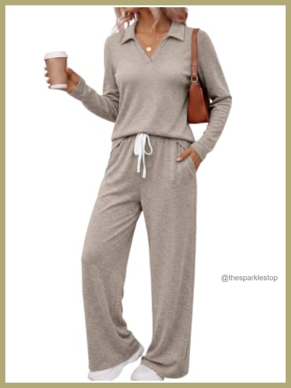 AUTOMET 2 Piece Lounge Set Long Sleeve Polo Wide Leg Pants